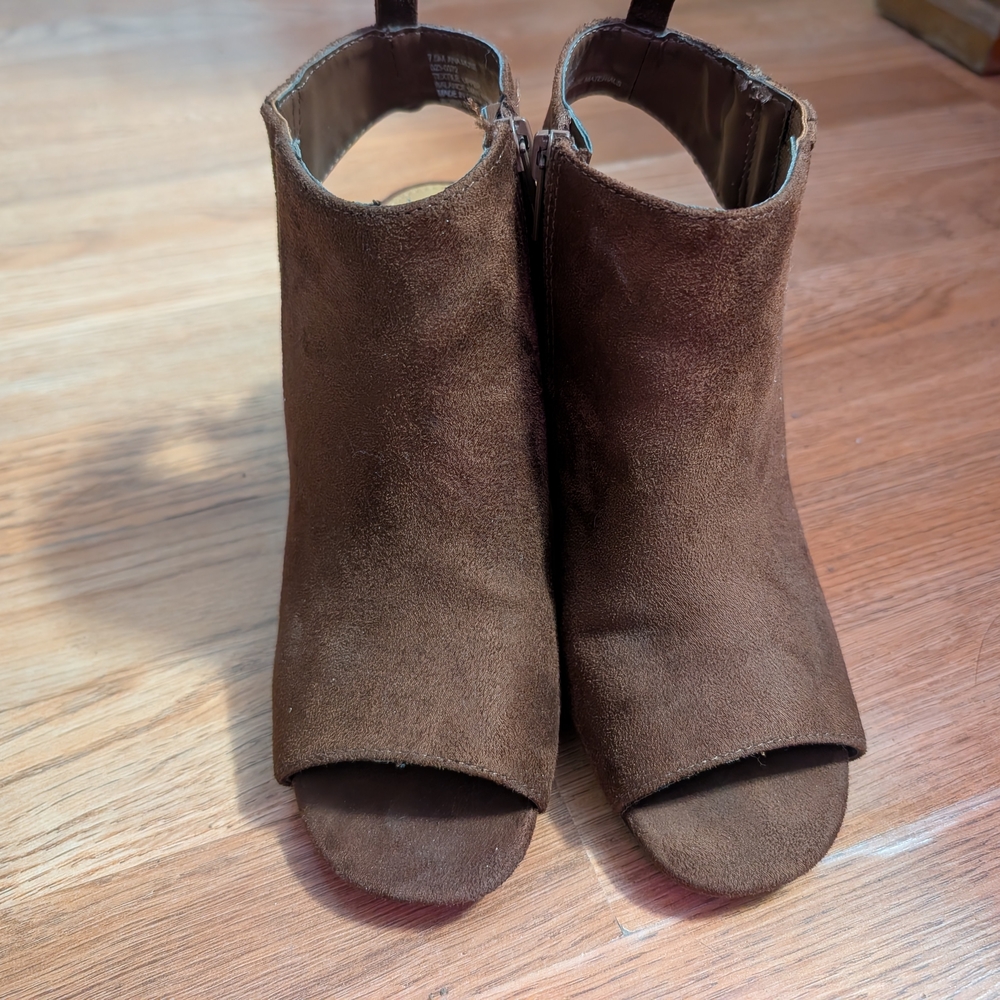 Brown Suede Peep-Toe Ankle Boots